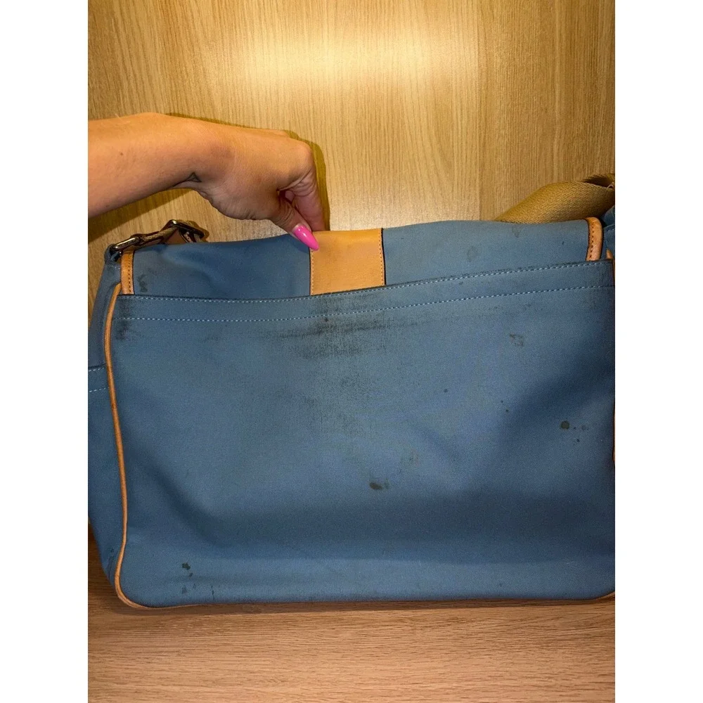 Coach Leatherware Est 1941 Blue Canvas Messenger Crossbody Bag Tan Trim